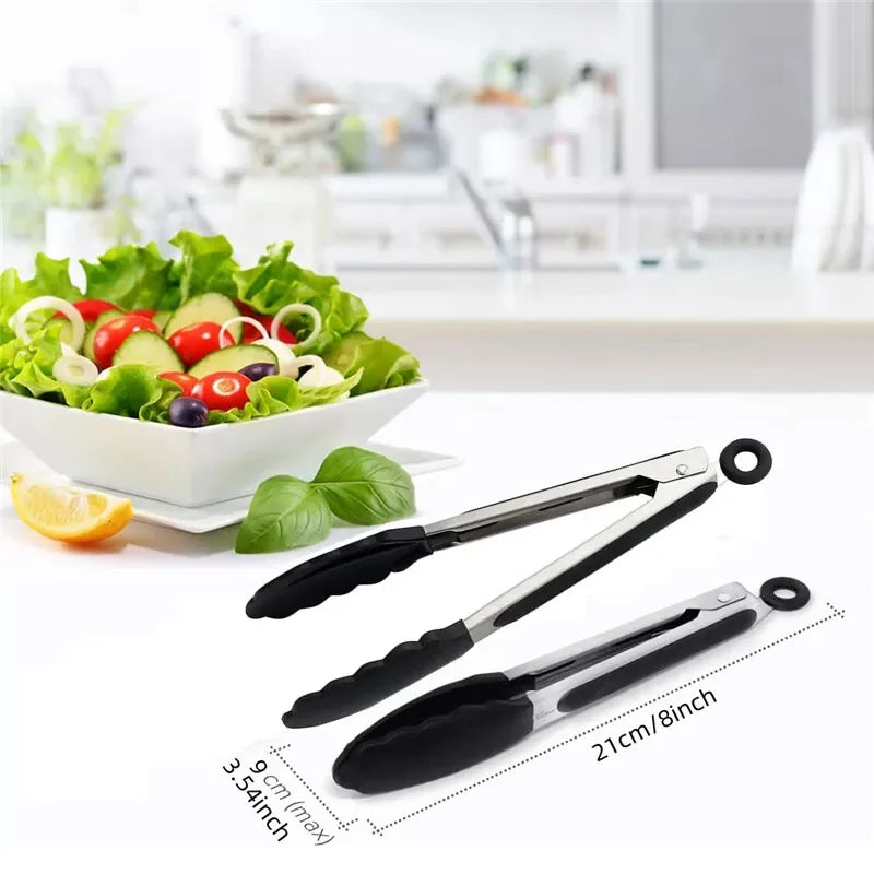 2X Kitchen Tongs Cooking Salad Serving BBQ Non Slip Handle Food Tong Clip Clamp - petguardiansupplies