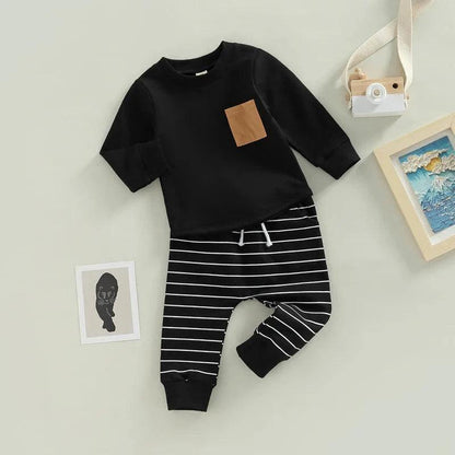 FOCUSNORM 0-3Y Autumn Causal Baby Boys 2pcs Clothes Sets Striped Patchwork Long Sleeve Pullover Pocket Sweatshirt Tops Pants - petguardiansupplies