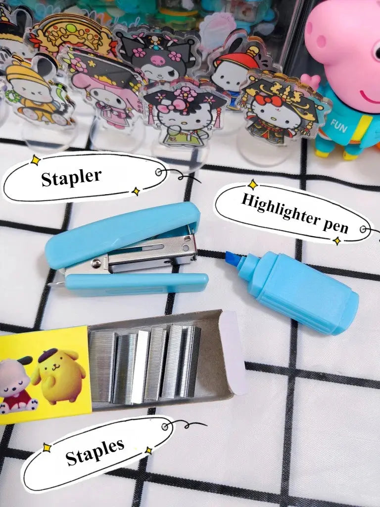 Sanrio Kuromi Cinnamoroll Melody Mini Stapler Highlighter Set Student Office Small Stapler Kawaii School Supplies Stationery Set - petguardiansupplies