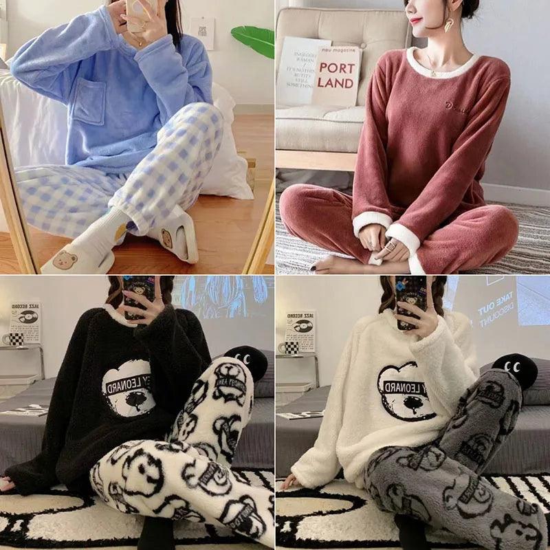 Thickened Warm Flannel Large Size Women Pajamas Set Long-Sleeved Autumn and Winter Warm Cartoon Bear Coral Velvet Sleepwear - petguardiansupplies