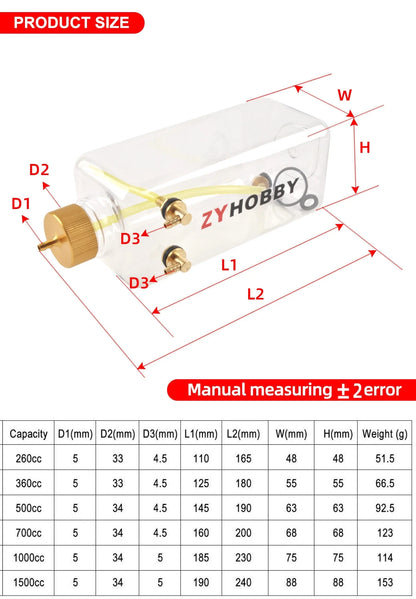 Model Airplane Fuel Tank RC Aircraft Gasoline/Petrol Nitro Transparent Tanks 260ML 360ML 500ML 700ML 1000ML 1500ML Fuel Bottles - petguardiansupplies