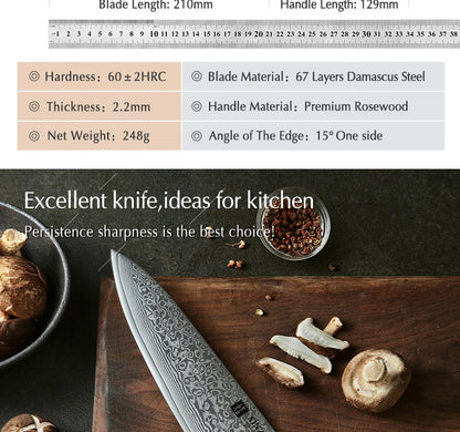 XINZUO 8.5 Inch Chef Knives High Carbon Chinese VG10 67 Layer Damascus Kitchen Knife Stainless Steel Gyuto Knife Rosewood Handle - petguardiansupplies