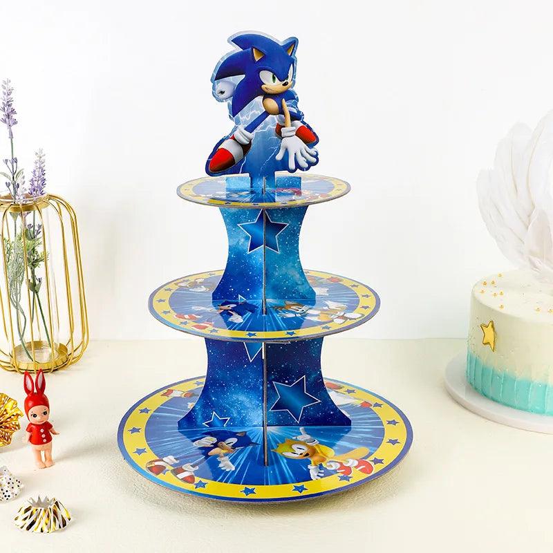 Sonic The Hedgehog Birthday Party Cake Rack 3-Layer Dessert Table Paper Cake Tower Children's Birthday Party Decoration Supplies - petguardiansupplies