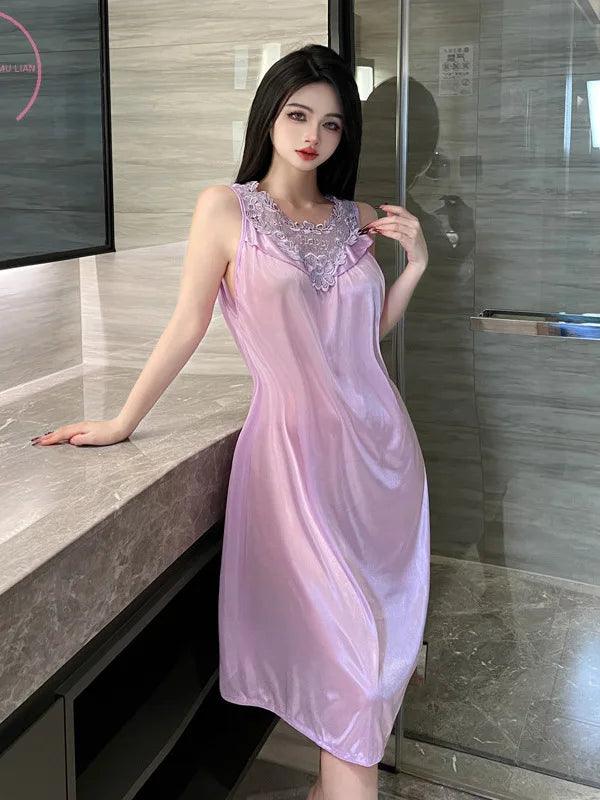 Loose Casual Purple Lace Long Dress Vest Tank O Neck Hot Sexy Korean Women Robe Fashion Sweet Women Tops 2024 New KZV9 - petguardiansupplies