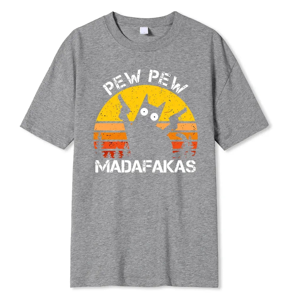 Pew Pew Madafakas Cat With Two Guns Printing Men T Shirts Summer Cotton T-Shirts Breathable Loose Clothes Hip Hop Street Tees - petguardiansupplies