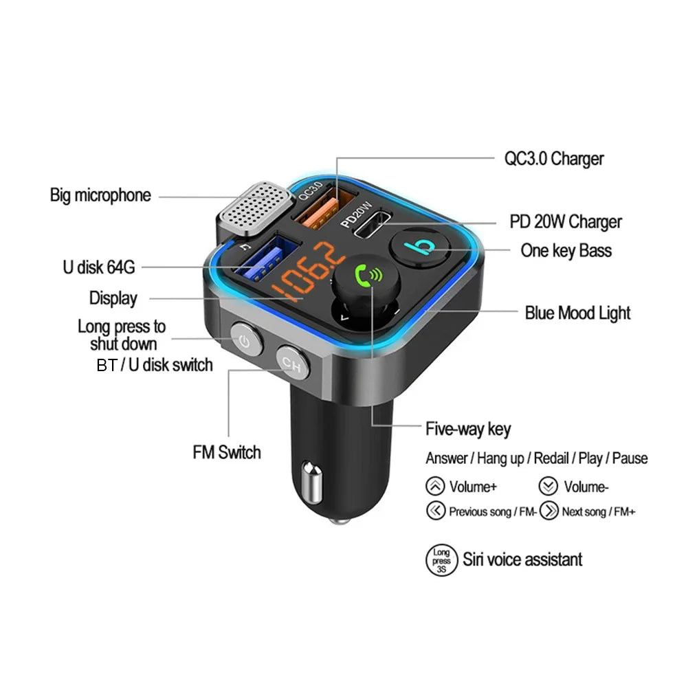 Fast Charging Car Charger PD 20W QC3.0 Wireless FM Transmitter Bluetooth Audio Handsfree Phone Adapter Car MP3 Player Modulator - petguardiansupplies