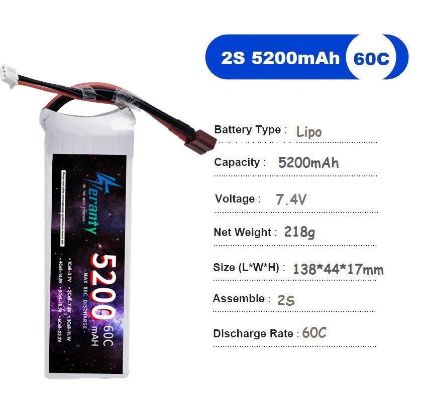 2S 7.4V Lipo Battery 5200mAh 60C with Deans XT60 Tamiya/KET-2P For RC Airplane Helicopter Drone Quad FPV Model Racing Hobby - petguardiansupplies