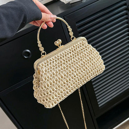 Summer Beach Straw Bags Exquisite Gold Chain Party Banquet Purse Hand Woven Handbag Female Clutch Bag Shoulder Crossbody Bags - petguardiansupplies