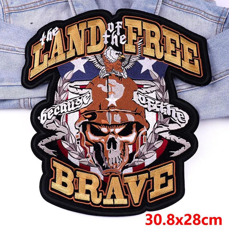 LAND FREE BRAVE Patch Large Back Embroidered Patches Motorcycle Biker Sewing Patch Iron On Patches For Clothing Jacket Jeans DIY - petguardiansupplies