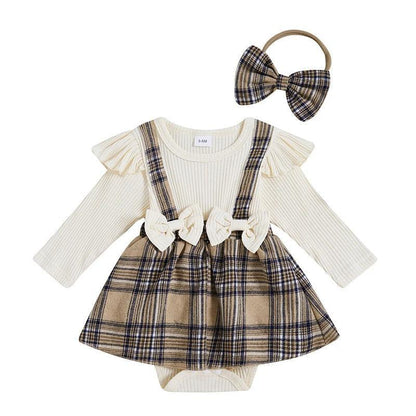 FOCUSNORM 0-18M Lovely Baby Girls Autumn Romper Dress Long Sleeve O Neck Plaid Print Patchwork Bow Jumpsuits with Headband - petguardiansupplies