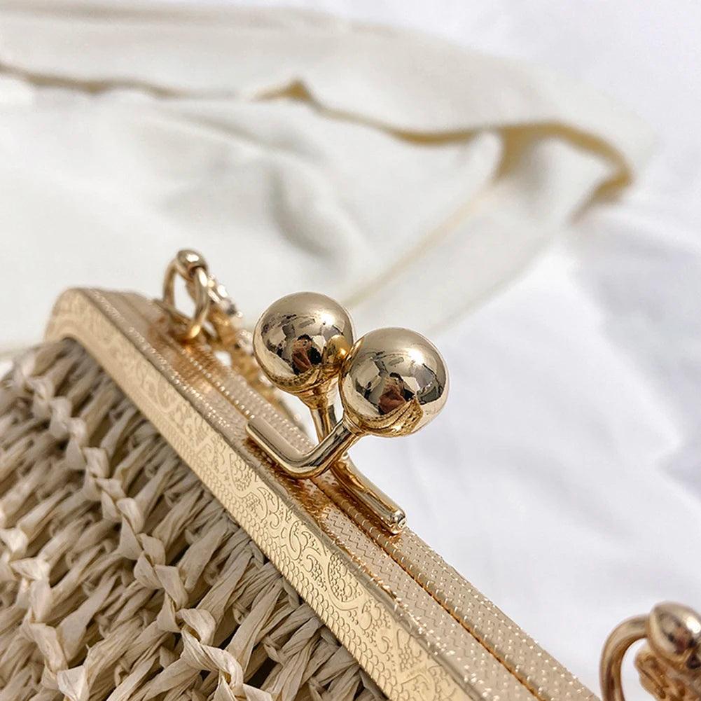 Summer Beach Straw Bags Exquisite Gold Chain Party Banquet Purse Hand Woven Handbag Female Clutch Bag Shoulder Crossbody Bags - petguardiansupplies