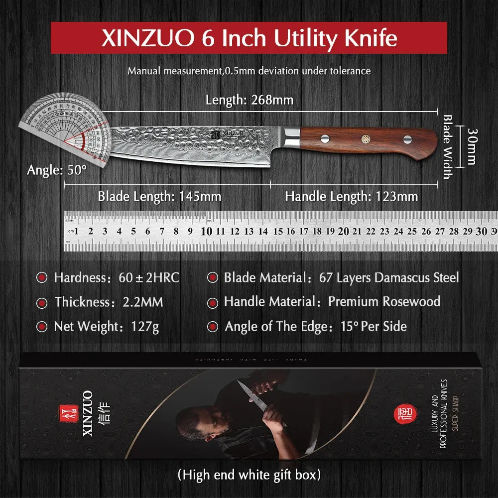 XINZUO 6'' Utility Knife vg10 Damascus Steel Kitchen Utility Knives for Vegetables Rosewood Handle Stainless Steel Paring Knife - petguardiansupplies