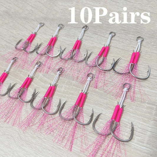 10Pairs Metal Jig Assist Hook Pink Double Hooks Thread Feather High Carbon Steel Sea Fishing Hook Slow Jigging Peche - petguardiansupplies