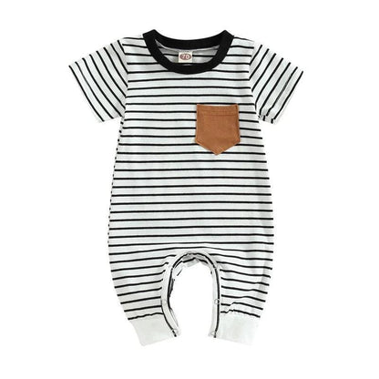 FOCUSNORM 0-18M Infant Baby Boys Casual Romper 2 Colors Patchwork Short Sleeve Striped Printed Pocket Jumpsuits - petguardiansupplies