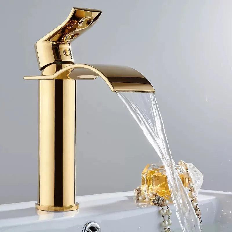 Basin Faucet Gold and white Waterfall Faucet Brass Bathroom Faucet Bathroom Basin Faucet Mixer Tap Hot and Cold Sink faucet - petguardiansupplies