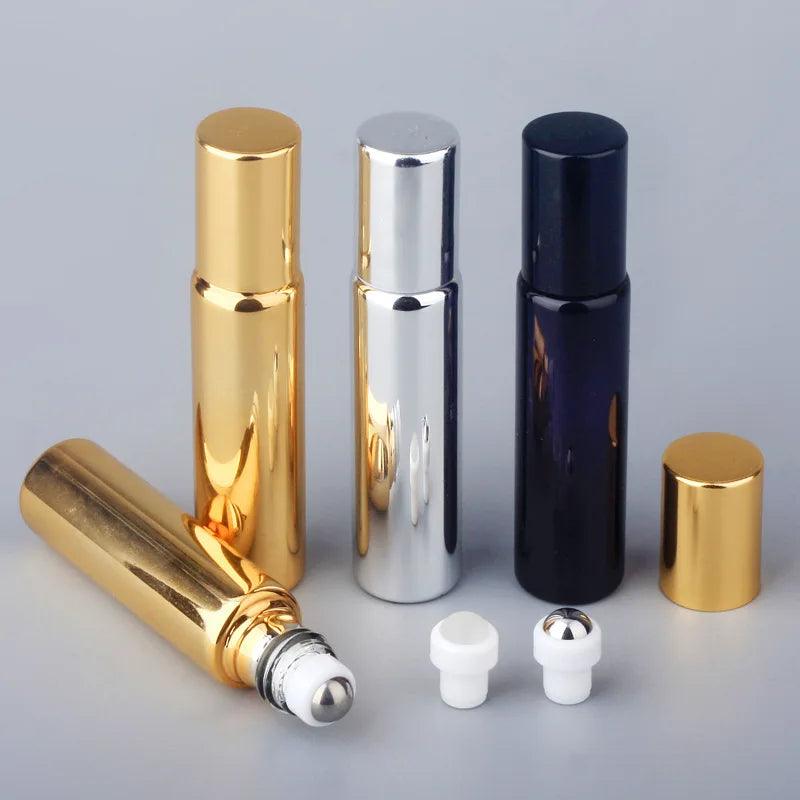 10ml Gold/Silver/Black Glass Roll On Bottle with Stainless Steel Roller Ball for Perfume Eye Cream Essential Oil Travel Bottles - petguardiansupplies