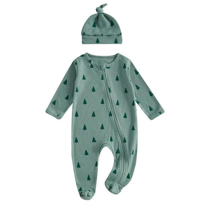 FOCUSNORM Newborn Baby Girls Boys Christmas Romper Sets Xmas Tree Print Long Sleeve Zip-Up Footed Jumpsuits Knot Hat - petguardiansupplies