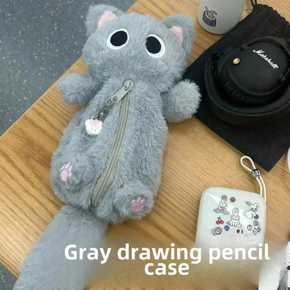 Grey Plush Little Cat Pencil Bag High Aesthetic Value Cute Desktop Cartoon Capacity Student Milk Fufu Stationery Storage Bag - petguardiansupplies