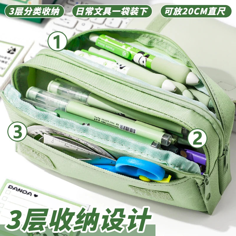 Green Panda Pencil Bag Large Capacity Stationery Pen Case Bear Dog Cat Handle Storage School Supplies Gift Box PU Ruler Holder A - petguardiansupplies