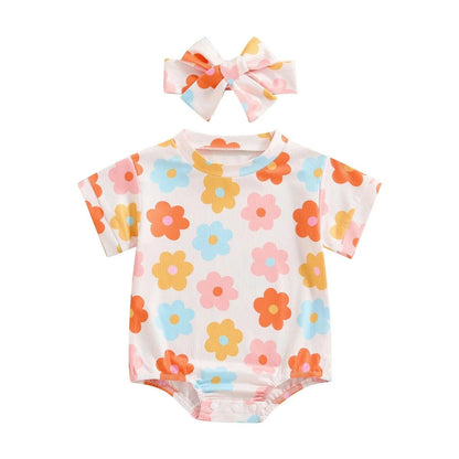 FOCUSNORM 0-18M Lovely Baby Girls Summer Cute Romper Short Sleeve O Neck Floral Print Jumpsuits with Headband - petguardiansupplies