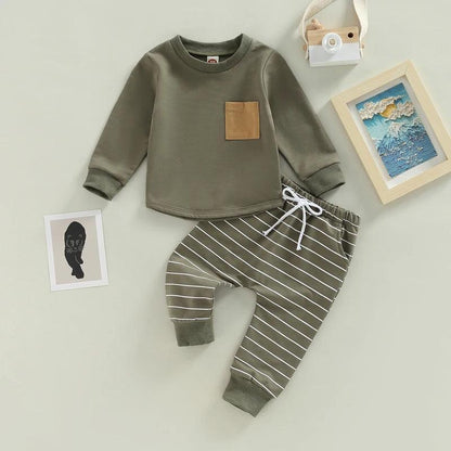 FOCUSNORM 0-3Y Autumn Causal Baby Boys 2pcs Clothes Sets Striped Patchwork Long Sleeve Pullover Pocket Sweatshirt Tops Pants - petguardiansupplies