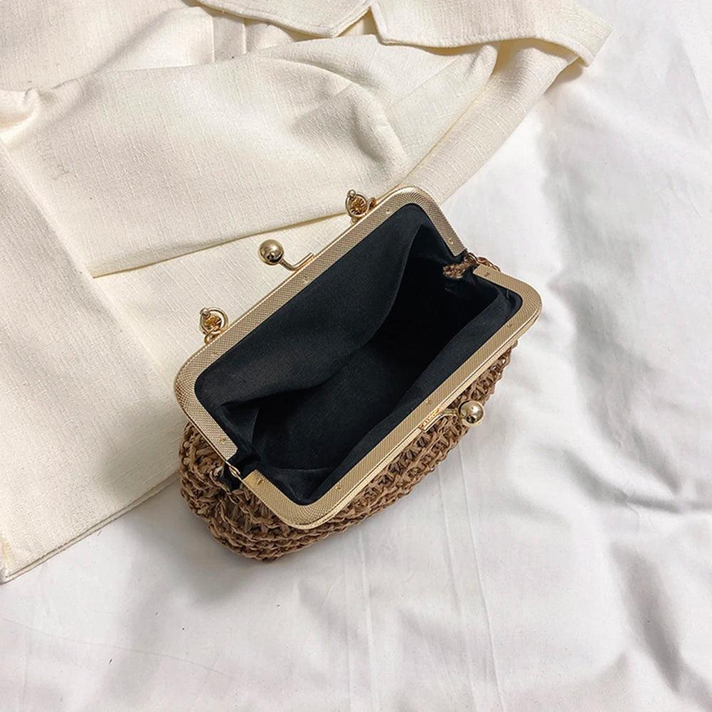 Summer Beach Straw Bags Exquisite Gold Chain Party Banquet Purse Hand Woven Handbag Female Clutch Bag Shoulder Crossbody Bags - petguardiansupplies