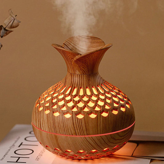 300ML Wood Grain Flower Humidifier Silent Aromatherapy Diffuser USB Rechargeable Mini Humidifier with Colourful Night Light - petguardiansupplies