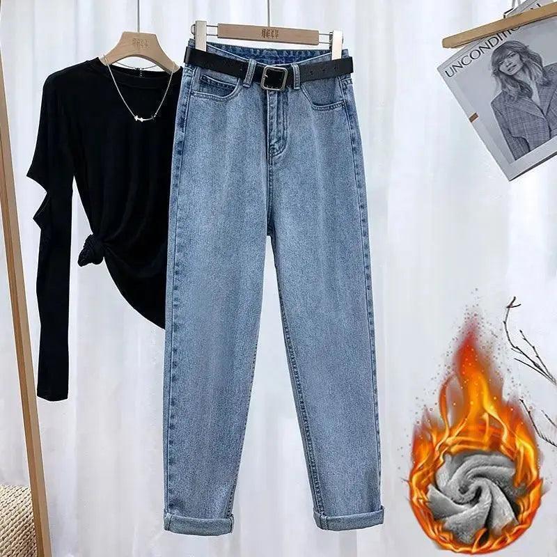 High-waisted Fleece-lined Women's Jeans Slimming Loose-fit Straight-leg Autumn/winter Warm Denim Pants - petguardiansupplies