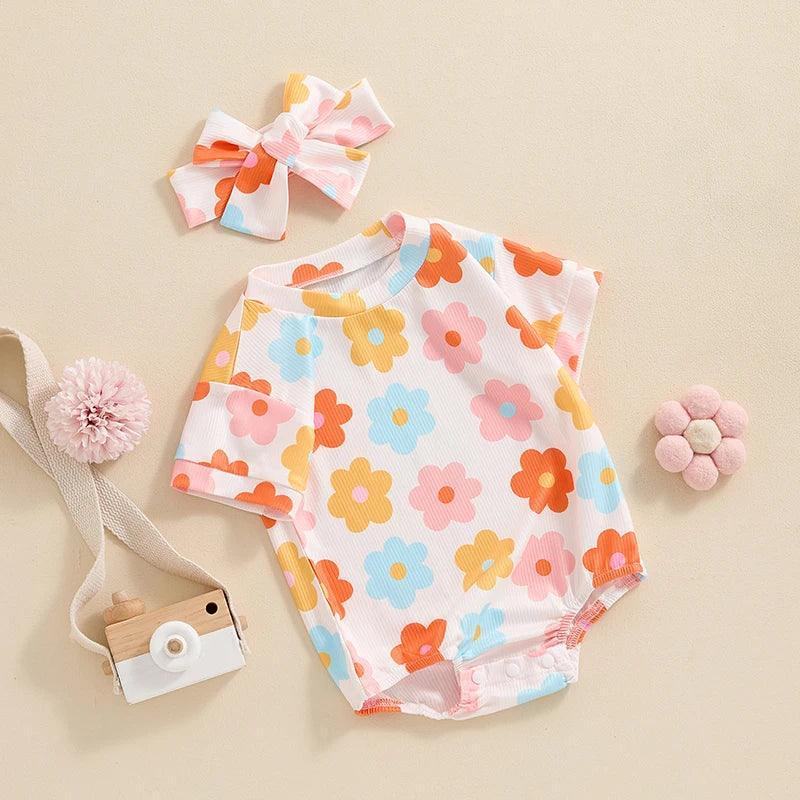 FOCUSNORM 0-18M Lovely Baby Girls Summer Cute Romper Short Sleeve O Neck Floral Print Jumpsuits with Headband - petguardiansupplies