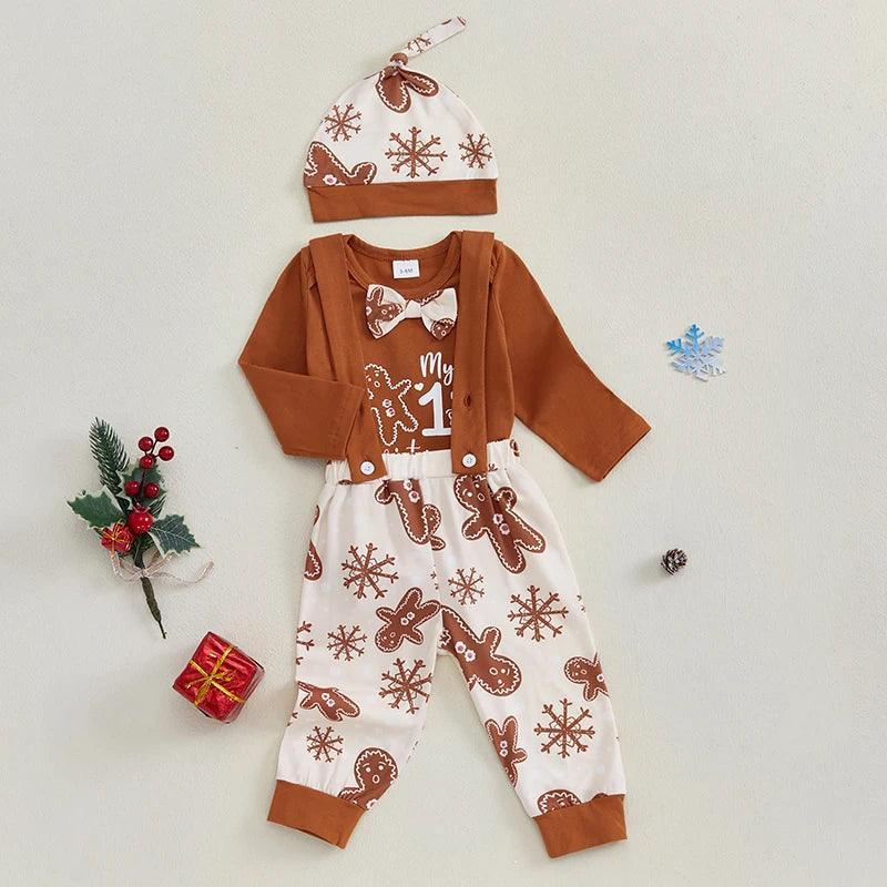 FOCUSNORM 0-18M 3pcs Autumn Baby Boys Christmas Clothes Sets Long Sleeve Gingerbread Print Romper Suspender Pants Hat Sets - petguardiansupplies