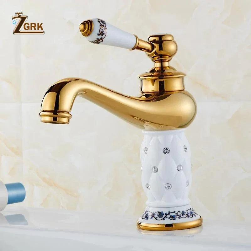 ZGRK Basin Faucets Diamond Gold Bathroom Faucet Single Handle Mixer Tap Hot and Cold Water Mixer Crane Bath Brass Mixer Tap - petguardiansupplies