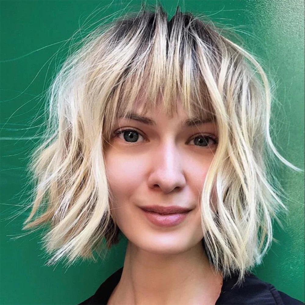 10" Perfect Neck Length Long Layered Haircuts in 2024 Ashy Blonde Highlights Human Hair Wig Cute Bangs Bob HD Lace Frontal Wig - petguardiansupplies