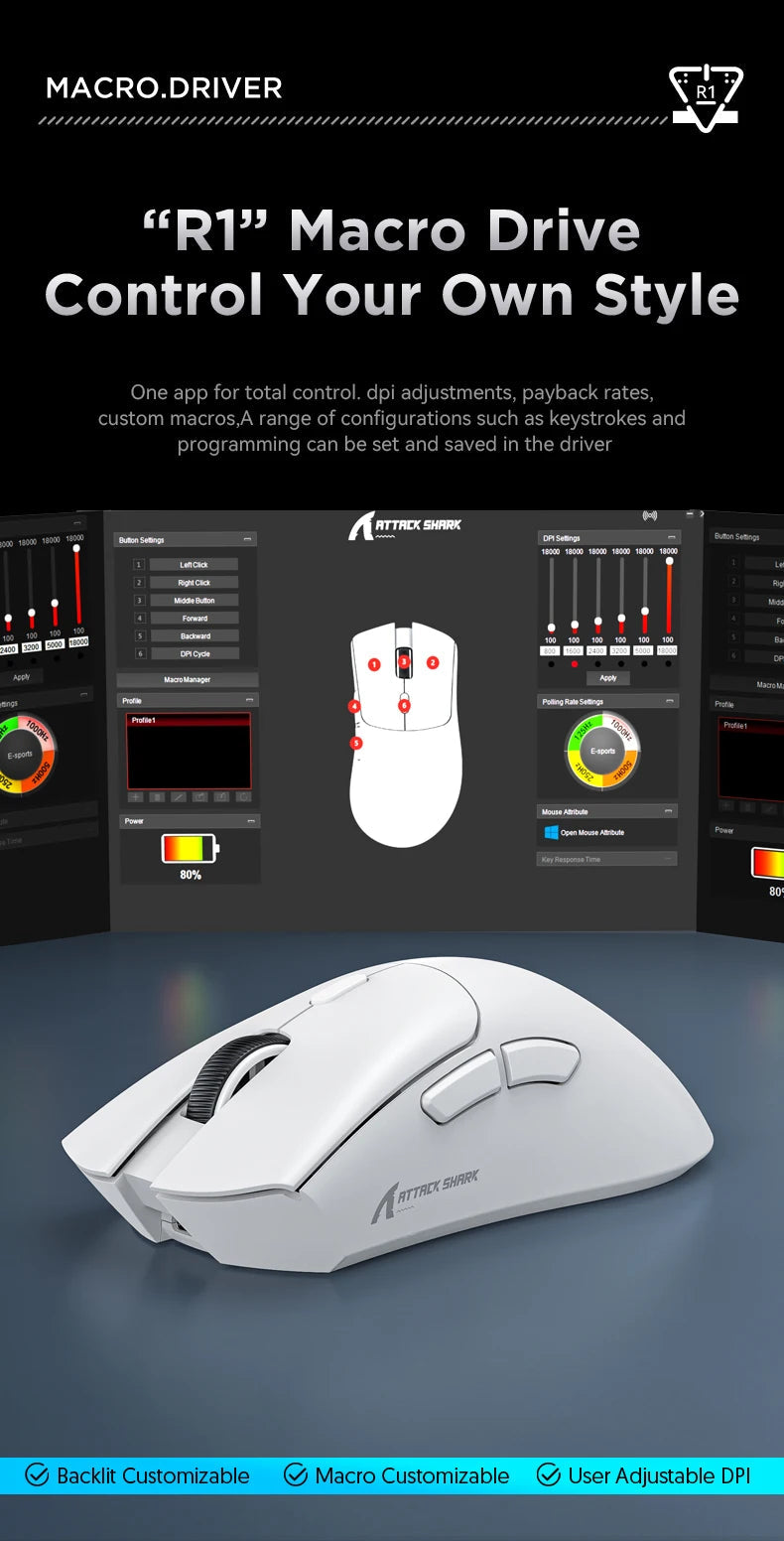 R1 Superlight Mouse Bluetooth 2.4G Wireless Gaming Mouse PixArt PAW3311 Gaming Sensor 6 Adjustable DPI for Office Game - petguardiansupplies