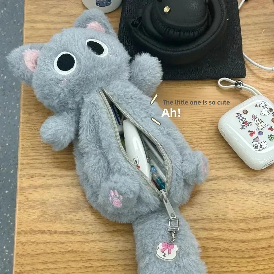 Grey Plush Little Cat Pencil Bag High Aesthetic Value Cute Desktop Cartoon Capacity Student Milk Fufu Stationery Storage Bag - petguardiansupplies