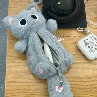 Grey Plush Little Cat Pencil Bag High Aesthetic Value Cute Desktop Cartoon Capacity Student Milk Fufu Stationery Storage Bag - petguardiansupplies