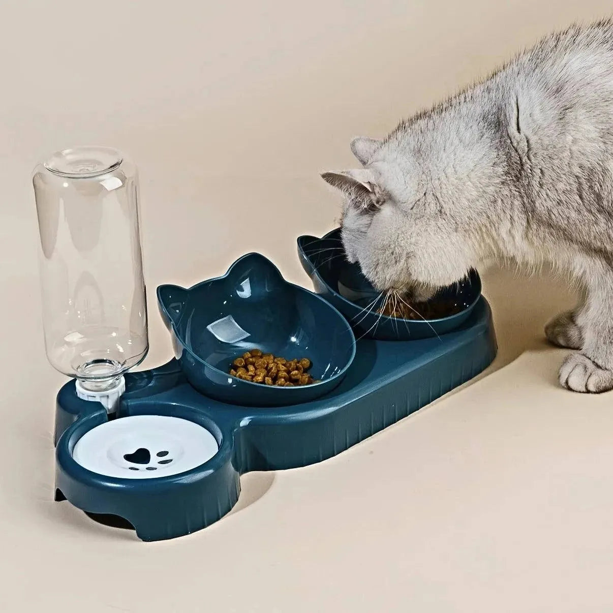 Pet Bowls With Water Feeder, 3 In 1 Ear Design Tilted Cat Water And Food Bowl Set With Gravity Water Bottle For Neck Protection - petguardiansupplies