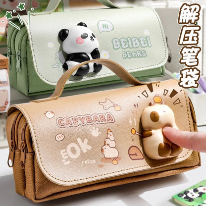 Green Panda Pencil Bag Large Capacity Stationery Pen Case Bear Dog Cat Handle Storage School Supplies Gift Box PU Ruler Holder A - petguardiansupplies