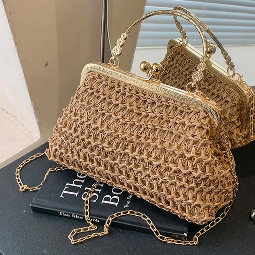 Summer Beach Straw Bags Exquisite Gold Chain Party Banquet Purse Hand Woven Handbag Female Clutch Bag Shoulder Crossbody Bags - petguardiansupplies