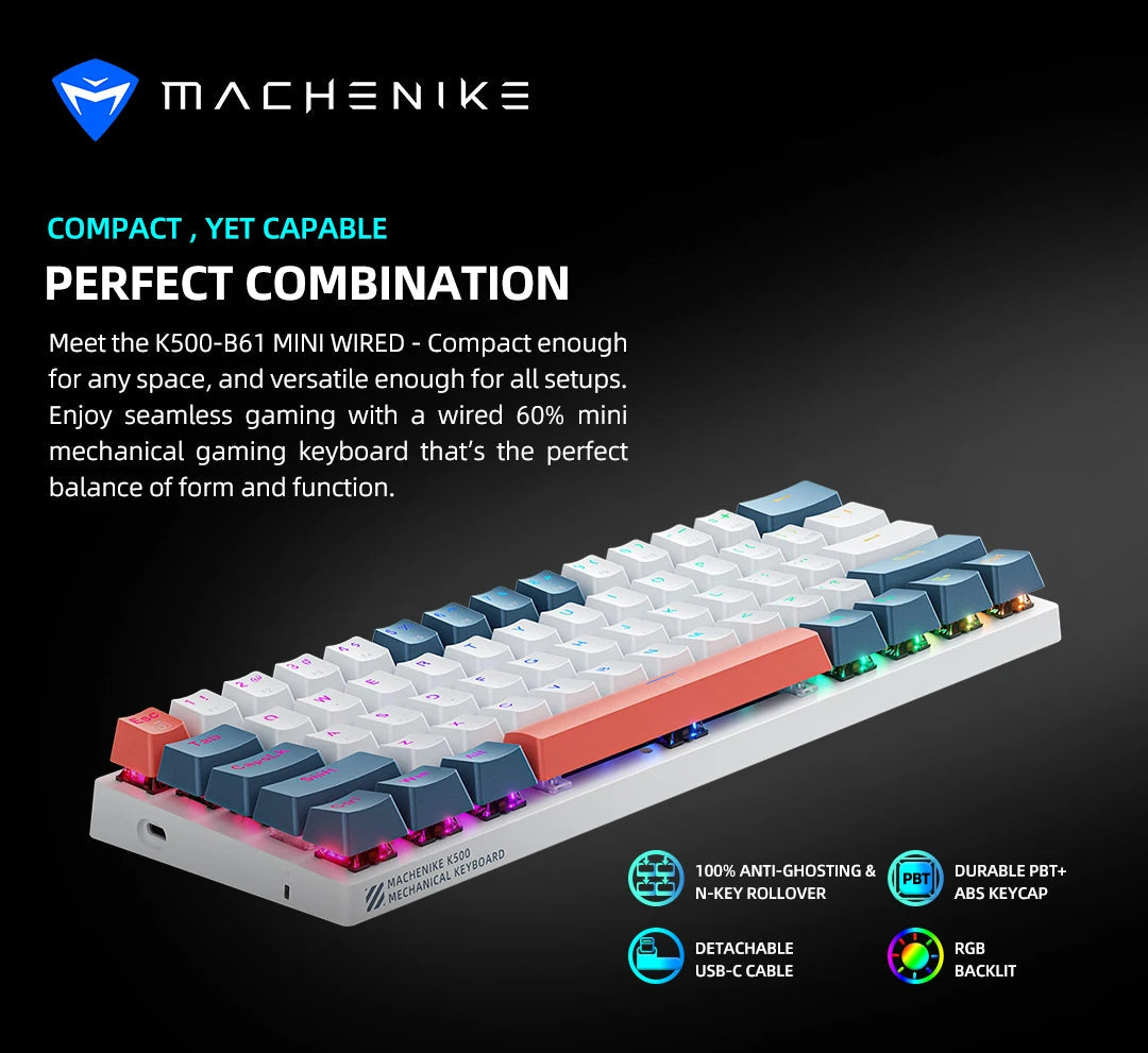 Machenike K500-B61 Mini Mechanical Keybaord 60% Form Factor 61Keys Gaming Keybaord Wired Full Key Hot-Swappable RGB Backlit - petguardiansupplies