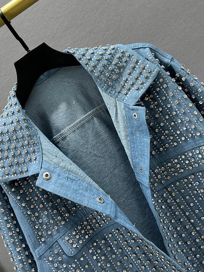 [EWQ] Streetwear Patchwork Rivet Denim Jacket Women Fashion Lapel Long Sleeve Loose Coats Female Outerwear 2024 Autumn New Trend - petguardiansupplies