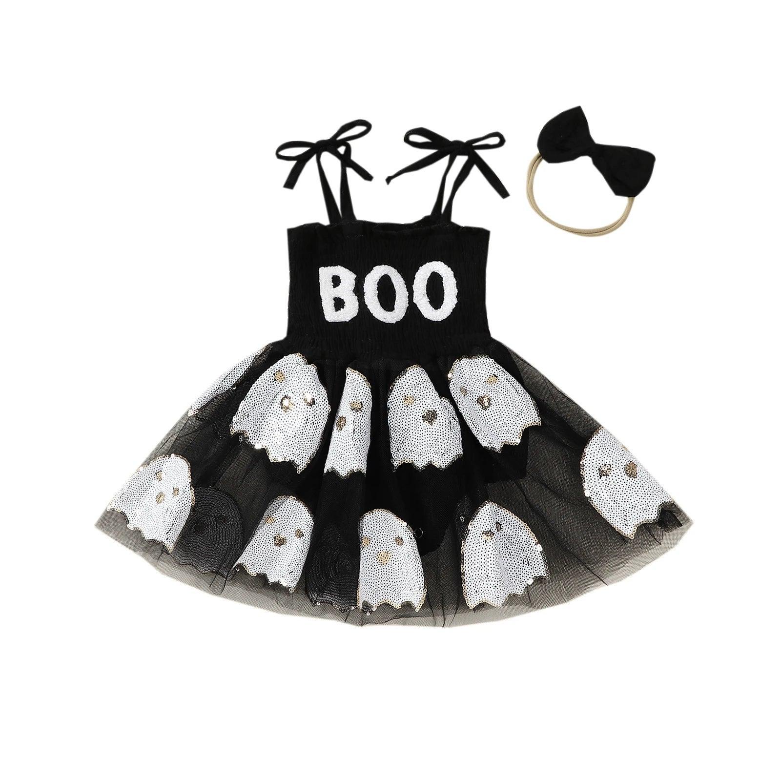 FOCUSNORM 0-24M Lovely Baby Girls Halloween Romper Dress Letter Embroidery Ghost Sequin Tie Spaghetti Strap Jumpsuit Headband - petguardiansupplies