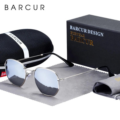 BARCUR Classic Retro Reflective Sunglasses Man Hexagon Sunglasses Metal Frame Eyewear Sun Glasses With Box Oculos De Sol gafas - petguardiansupplies