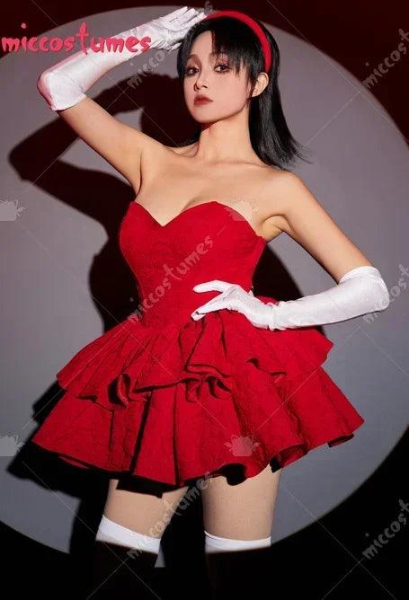 Miccostumes Women Delux Mima Cosplay Costume Dress Red Strapless Tube Dress with Headband with Thigh-High Stockings and Gloves - petguardiansupplies