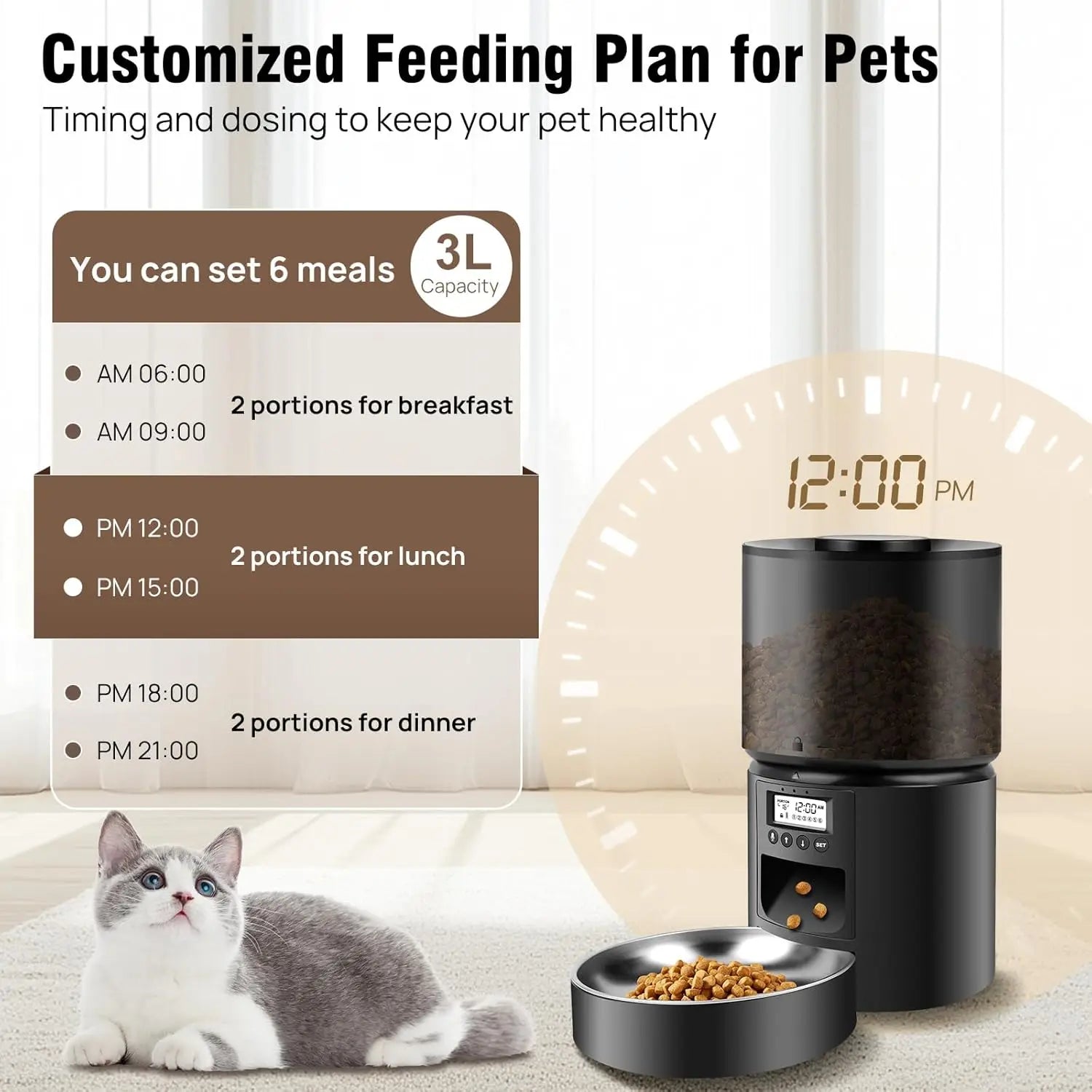 Cat Feeder Automatic With Timer, 3L Cat Feeder, Plug-in or Battery-Operated Cat Feeder for Dry Food - petguardiansupplies