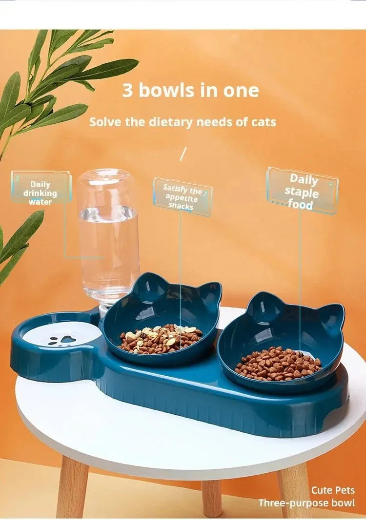 Pet Bowls With Water Feeder, 3 In 1 Ear Design Tilted Cat Water And Food Bowl Set With Gravity Water Bottle For Neck Protection - petguardiansupplies