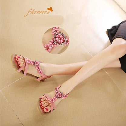 TIMETANGComfortable Flat Heel Sandals Women Large Size Summer Shoes Woman Bohemia Flowers Rhinestone Beach Ladies Shoes - petguardiansupplies