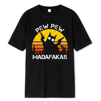 Pew Pew Madafakas Cat With Two Guns Printing Men T Shirts Summer Cotton T-Shirts Breathable Loose Clothes Hip Hop Street Tees - petguardiansupplies