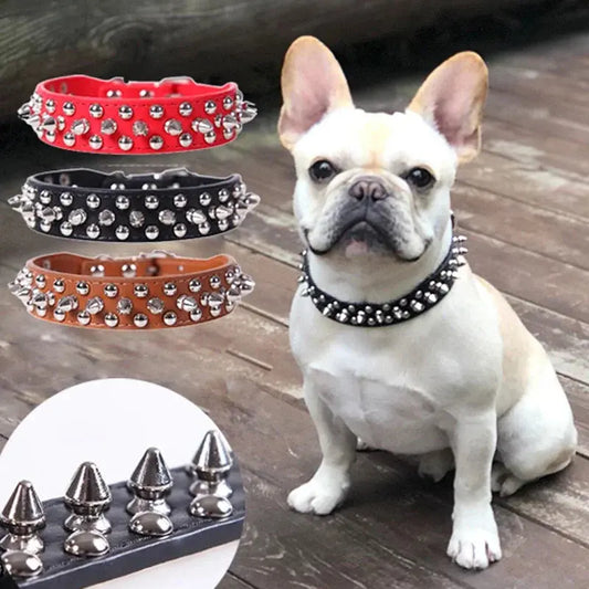 Adjustable Leather Pet Dog collar Neck Strap Supplies PU Leather Punk Rivet Spiked Dog Collar Pet Collars For Small Dog Cat - petguardiansupplies