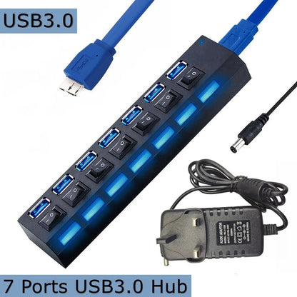 High Speed 7 Ports USB 3.0 HUB Power Splitter Extender Cable With UK Adapter - petguardiansupplies