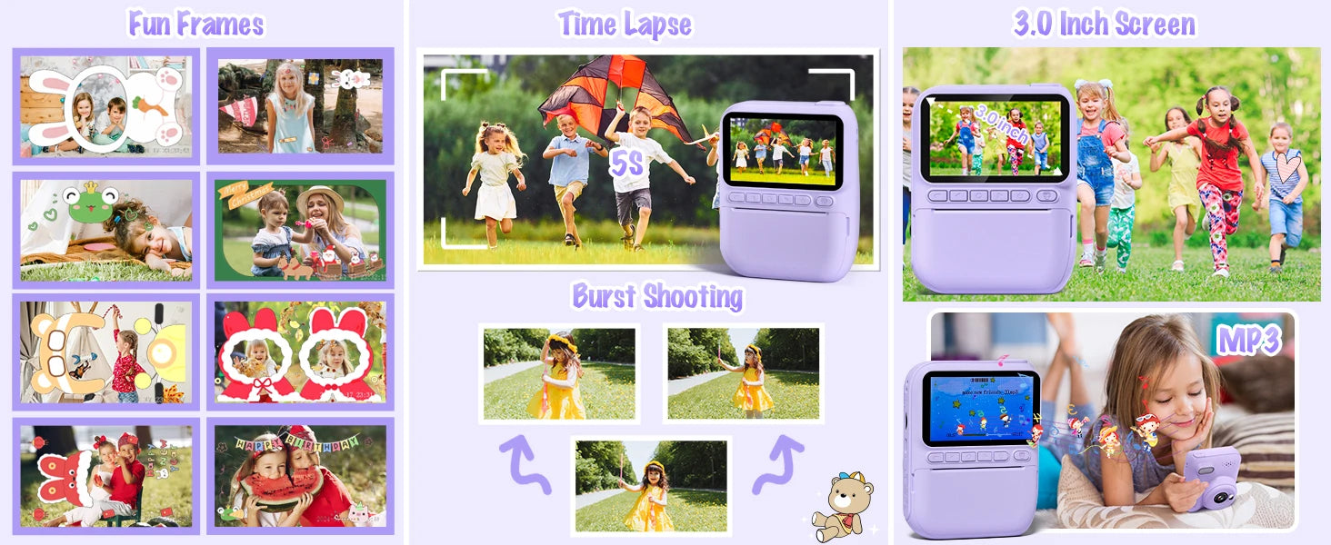 Kids Digital Camera 3.0" Portable Instant Print Camera 32MP HD 1080P Camera Toy Gift For 6-12 Year With 3 Rolls Printer Paper - petguardiansupplies